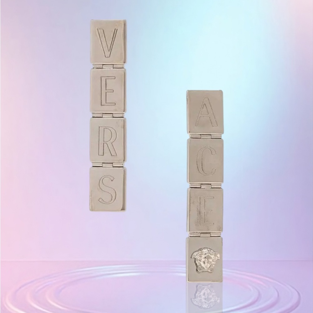 Versace Silver-Tone Logo Script Dangle Earrings - image 4